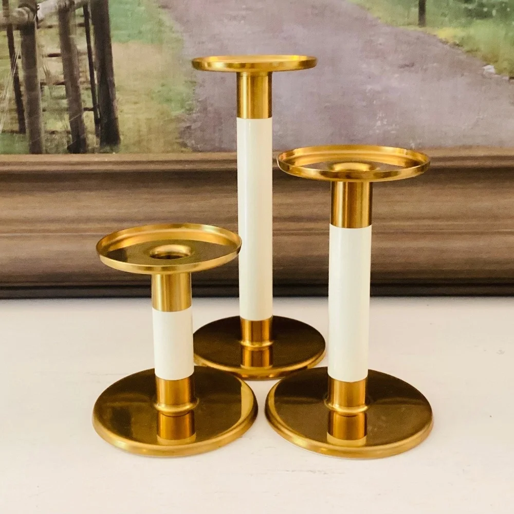 set of 3 IKEA Glittrig candlesticks gold and ivory Discontinued Tapered Pillar